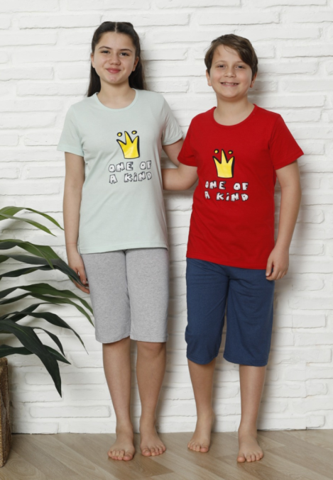 Pijama Copii cu maneca scurta si pantalon 3/4, culoare Rosu si Gri, Engros